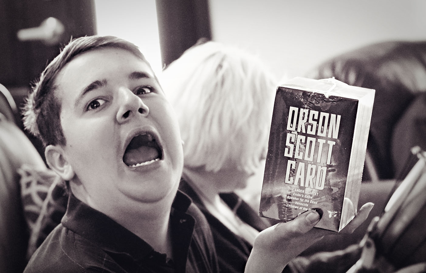 Jacob received the Ender series from Laurent. Good sister. Good gift.