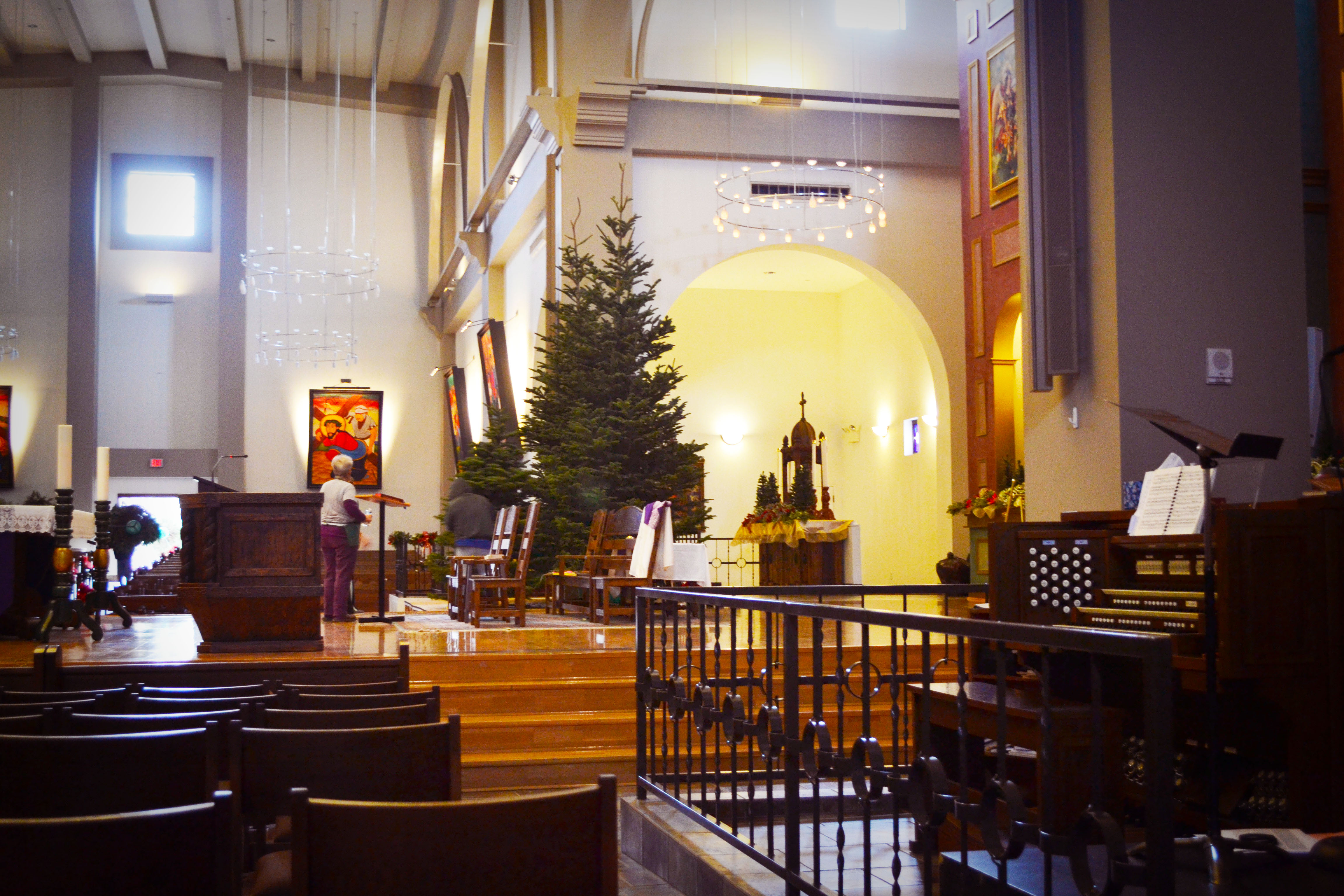 Some of the busy folks and the big, big Christmas trees.