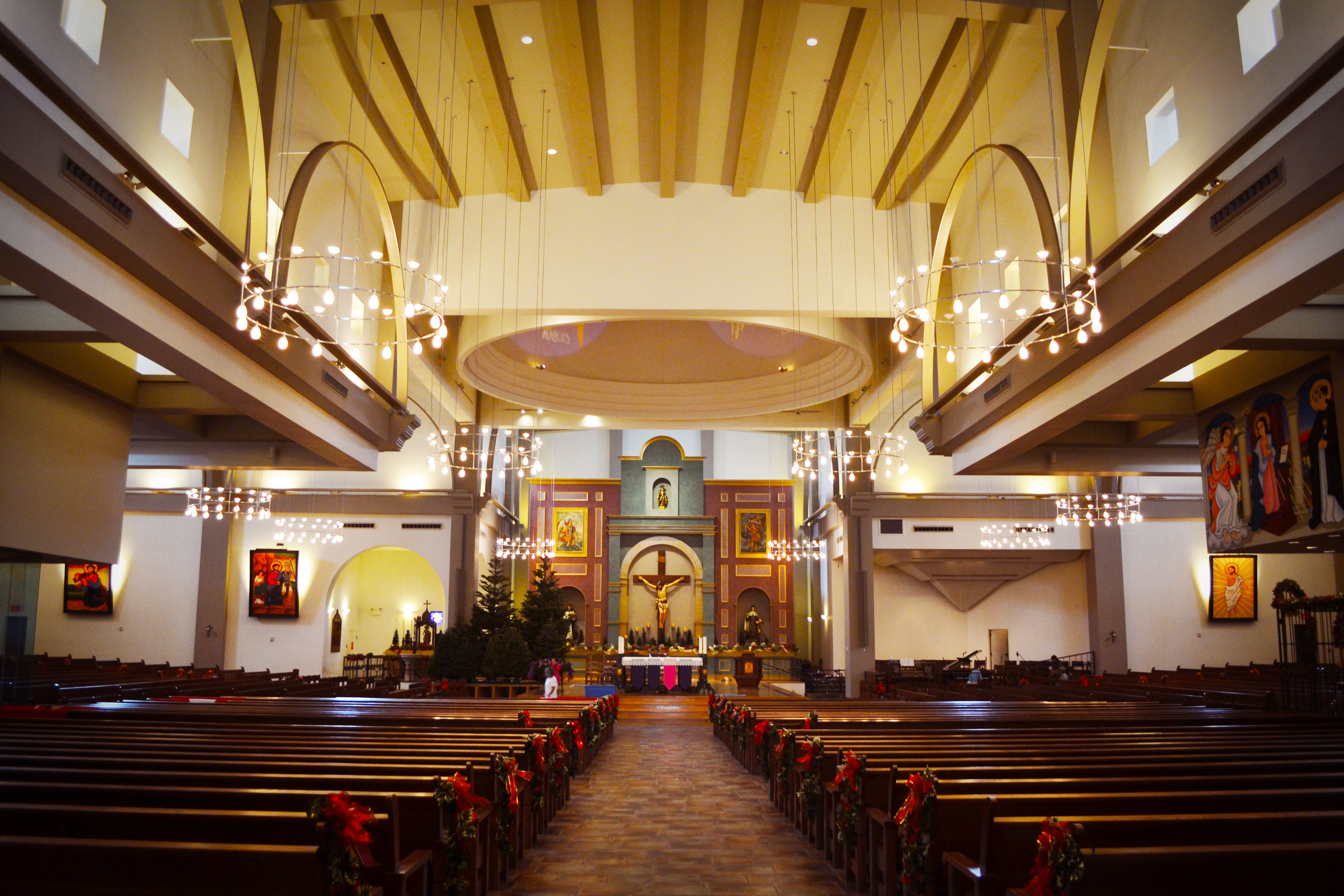 From the back of the church, looking in at the doors.