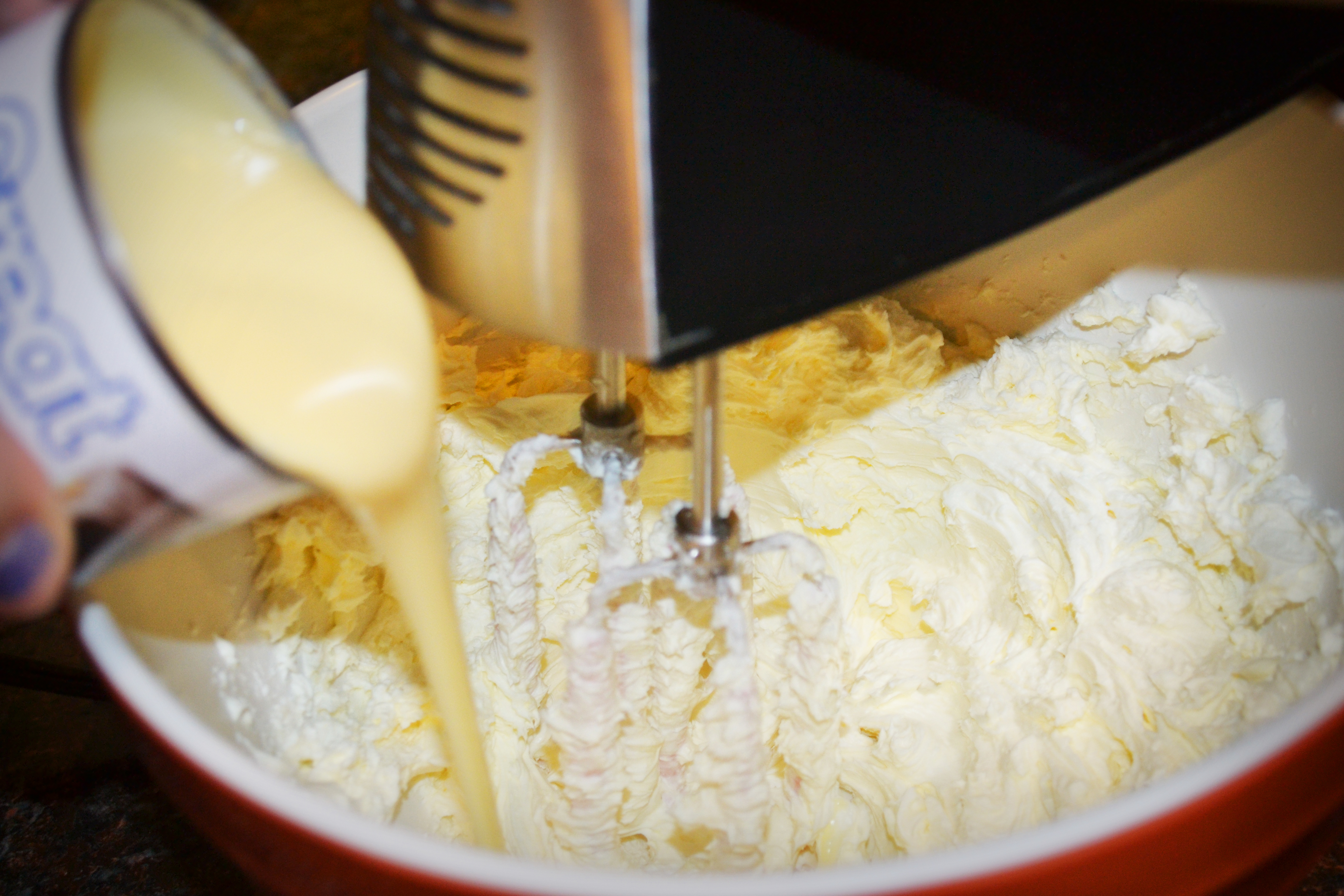 Step eight, pour in the sweetened condensed milk.