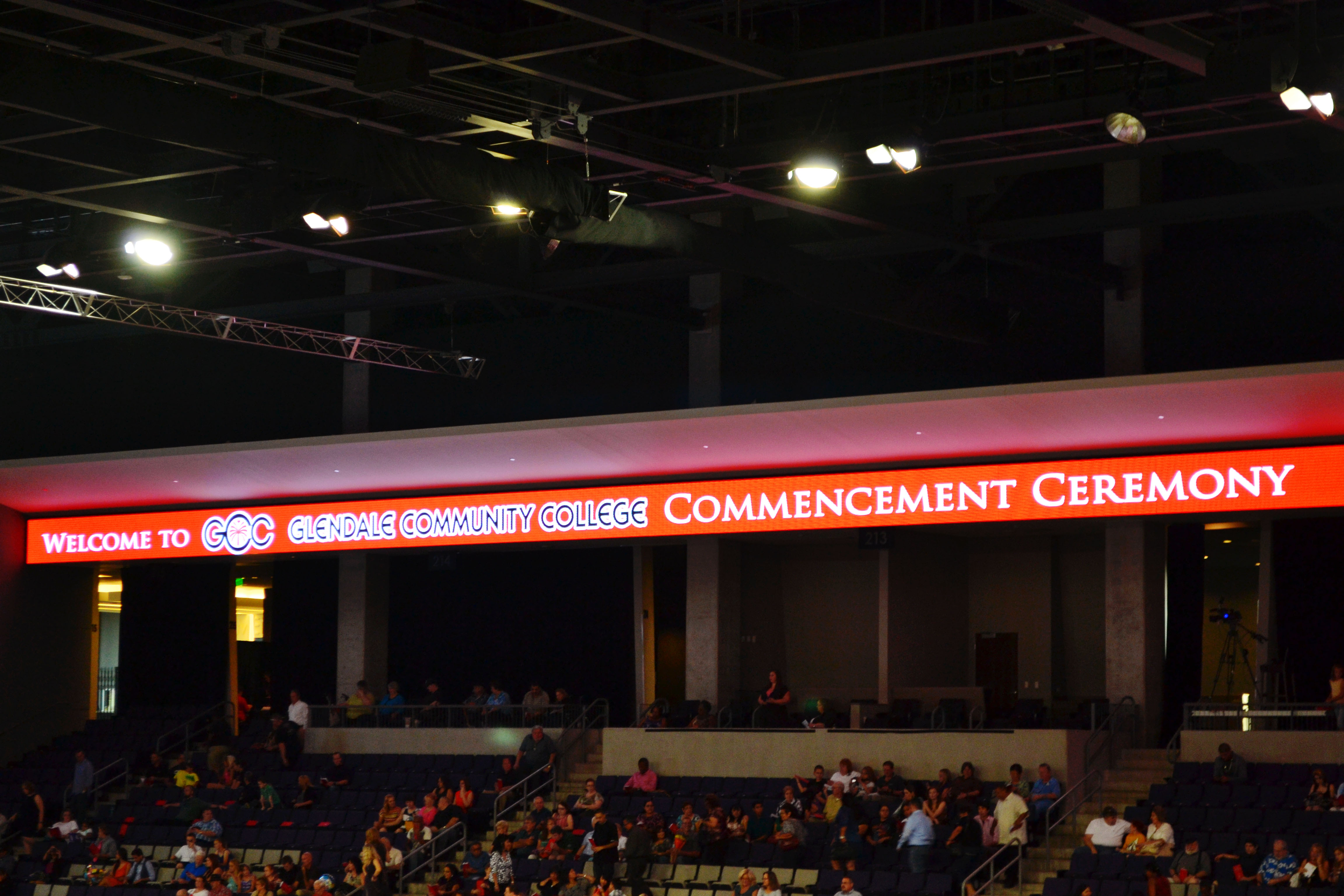Lovely electronic banner encircling the arena, announcing the GCC commencement ceremony.